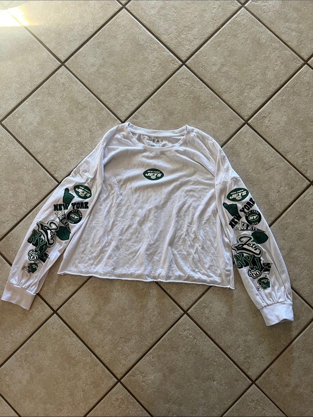White New York Jets Graphic Long-Sleeve Crop Top